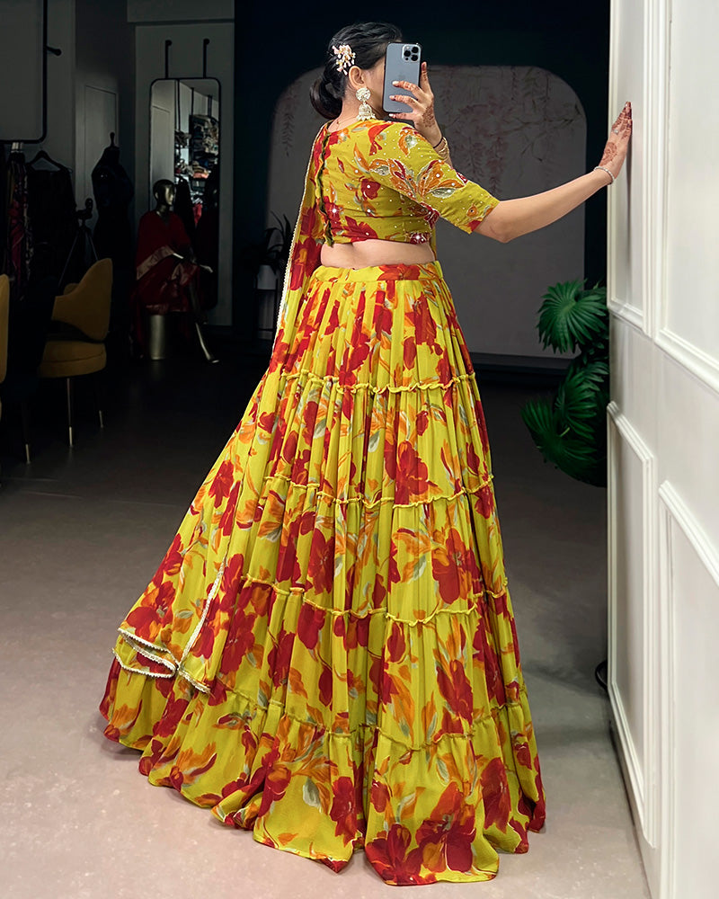 Womenline Olive Yellow Color Marble Floral Printed Lehenga Choli