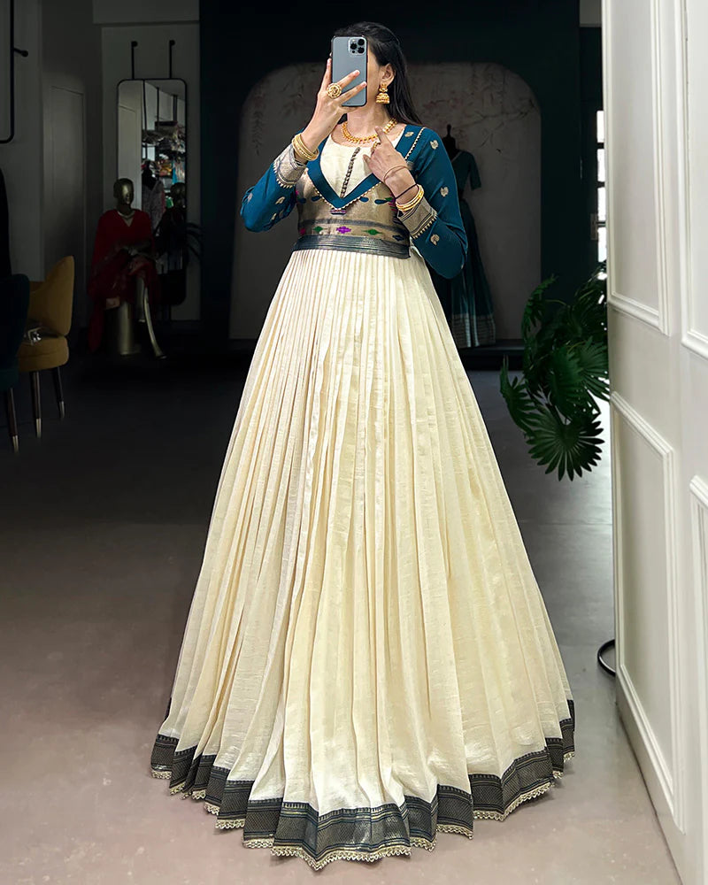 Womenline Off-White Color Vichitra Silk Zari Weaving Gown