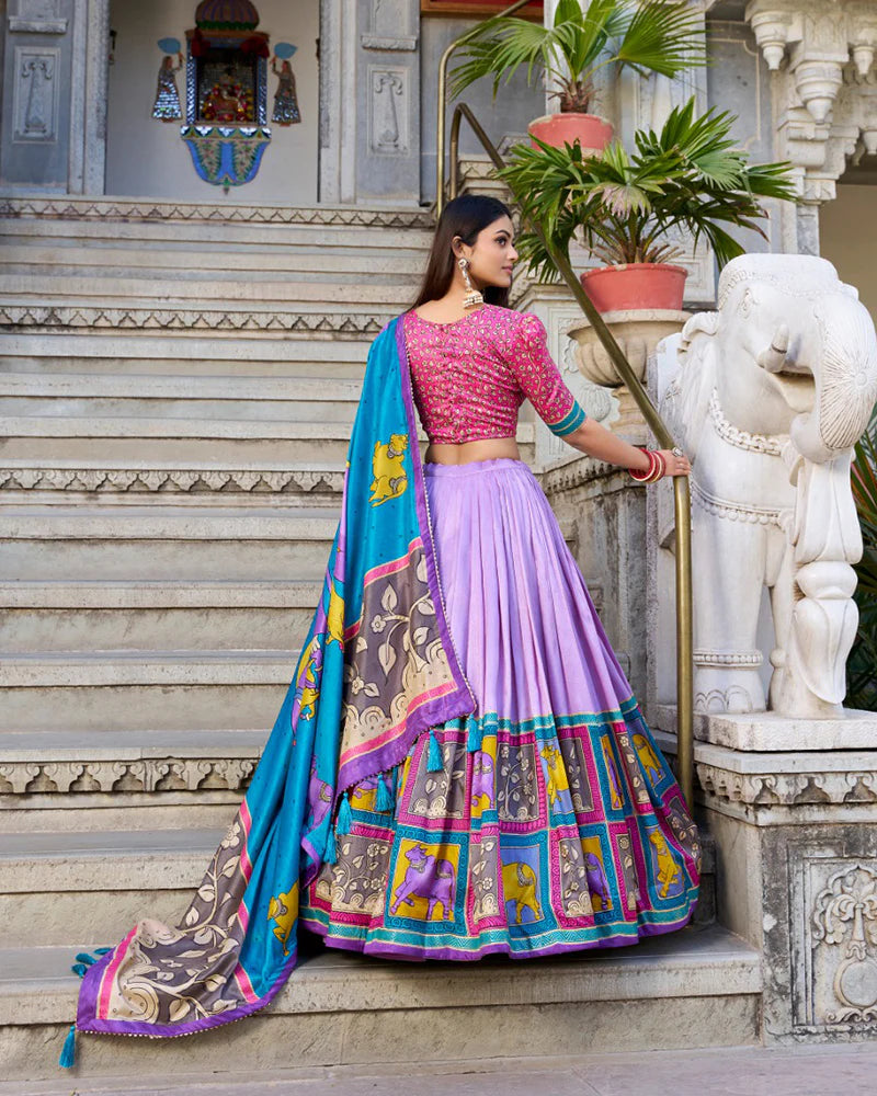 Womenline Lavender Color Tussar Silk Kalamkari Printed Lehenga Choli