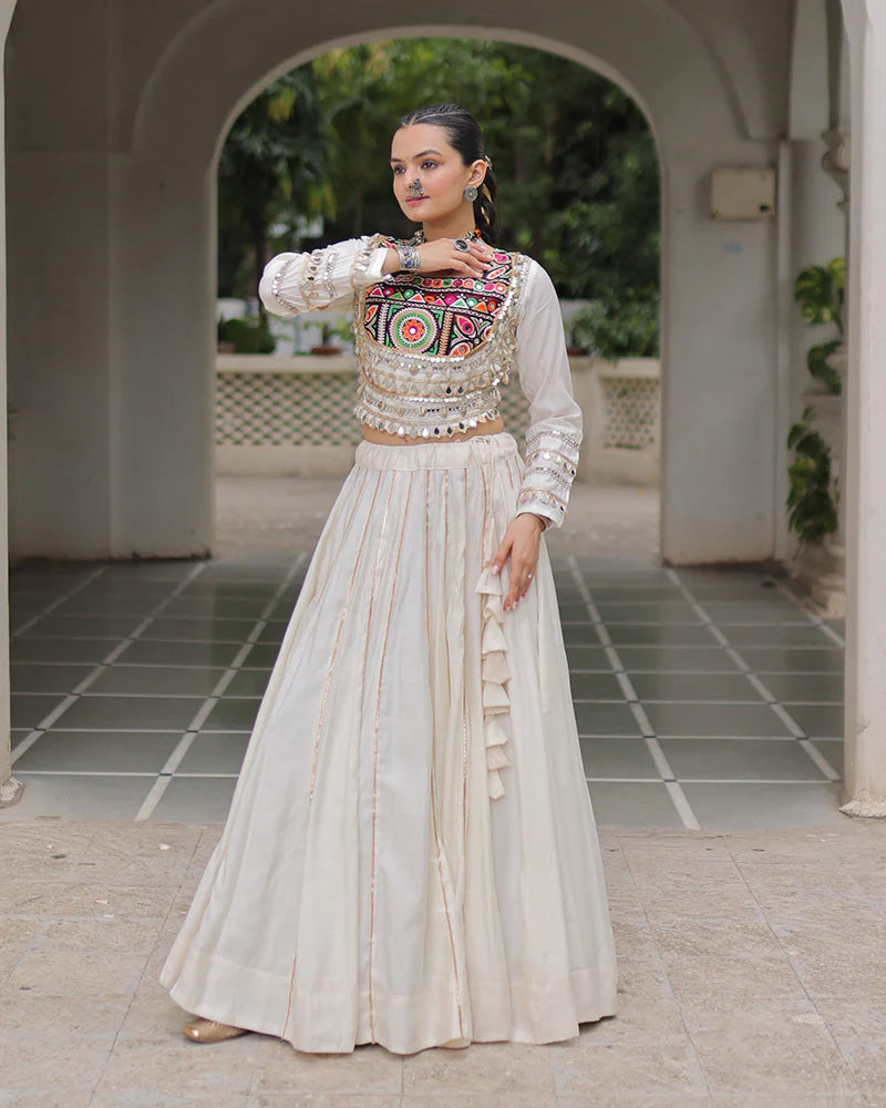 Womenline Off-White Color Roman Silk Navratri Lehenga Choli