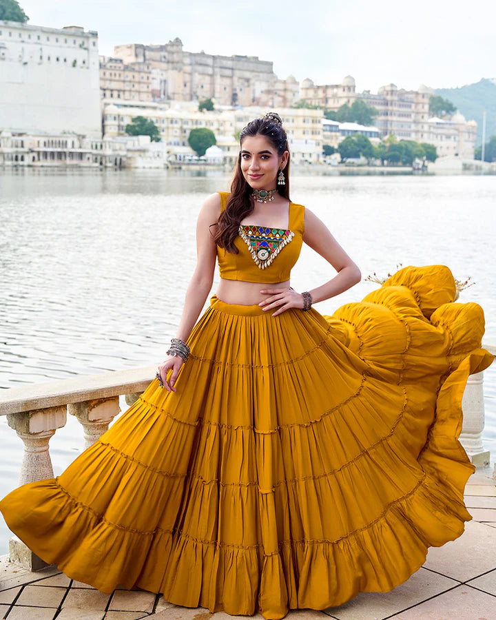 Womenline Elegant Mustard Color Pure Rayon Navratri Lehenga Choli
