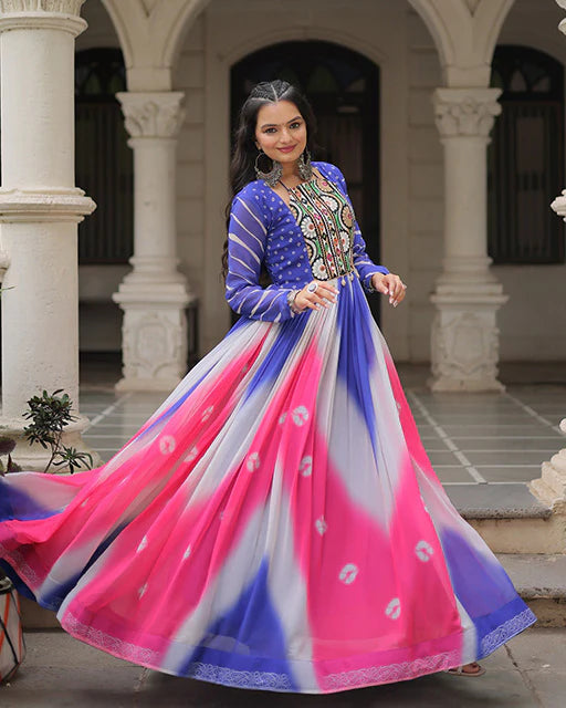 Womenline Blue Color Faux Georgette Bandhej Print Navratri Gown