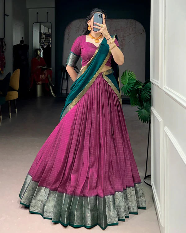 Womenline Pink Color Dola Chex Zari Weaving Half Saree