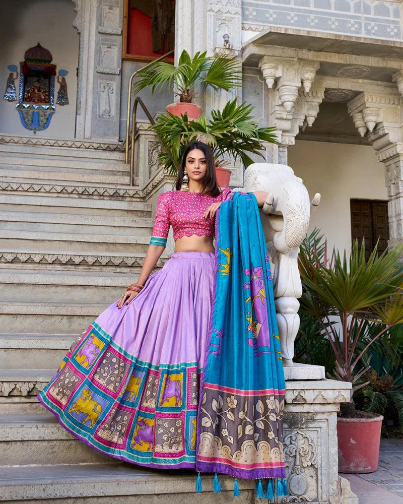 Womenline Lavender Color Tussar Silk Kalamkari Printed Lehenga Choli