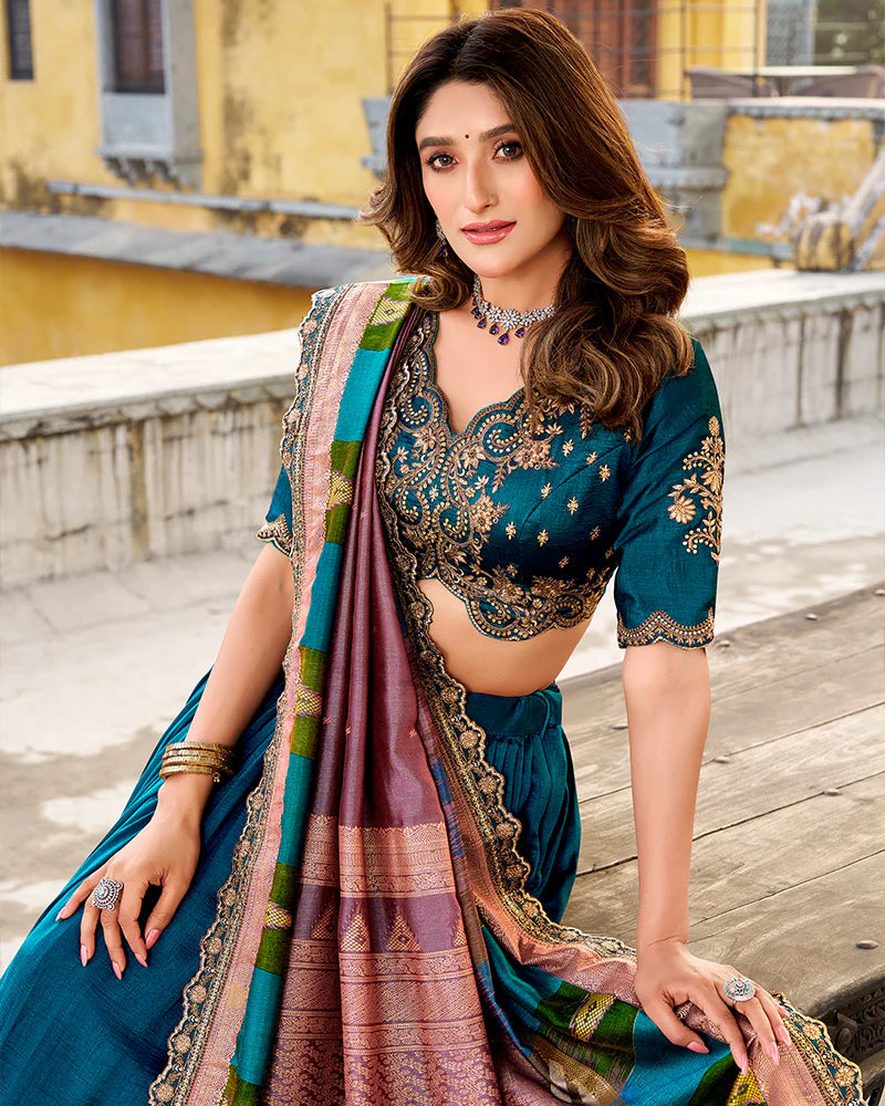 Womenline Designer Firozi Color Vichitra Silk Embroidered Lehenga Choli
