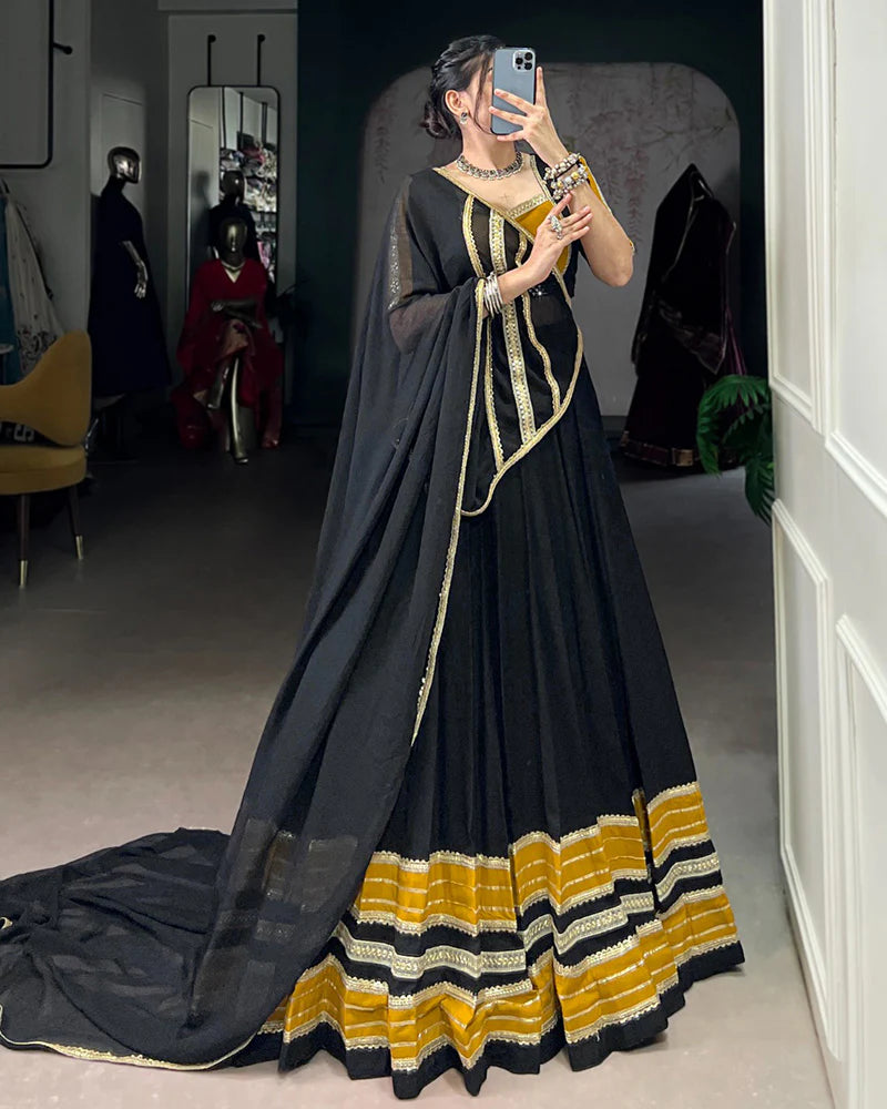 Womenline Black and Mustard Navratri Flared Navratri Lehenga Choli Set