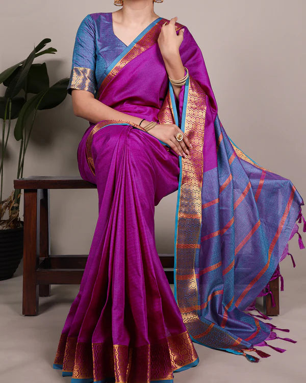 Womenline Pink Color Zari Weaving Poly Cotton Saree