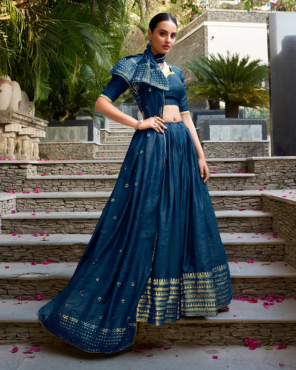 Womenline Navy Blue Color Pure Chanderi Plain Navratri Half Saree