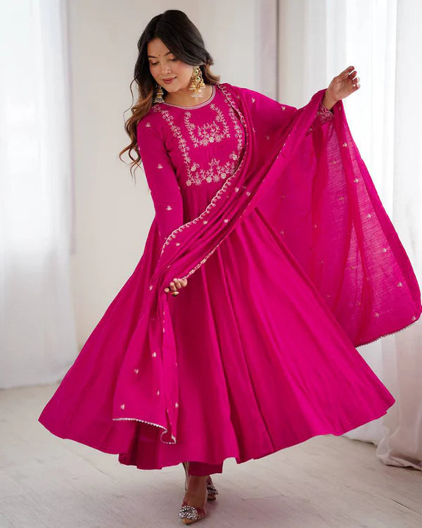 Womenline Rani Pink Color Chanderi Silk Three Piece Anarkali Suit