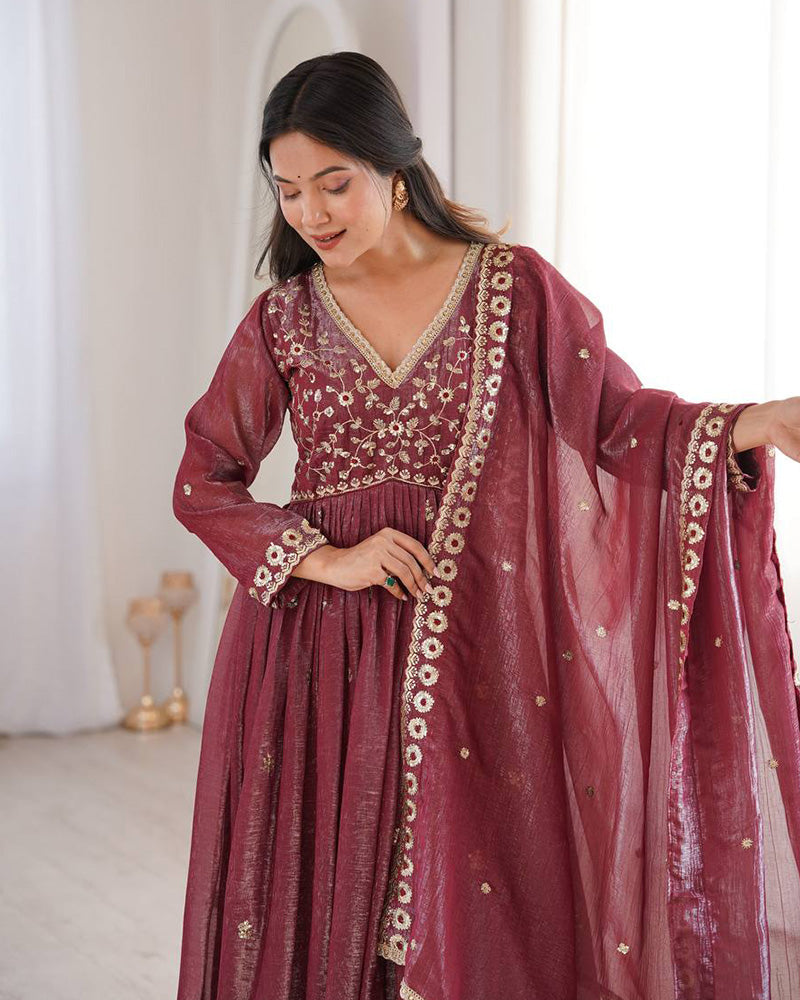Womenline Dusty Maroon Color Crunchy SilkThree Piece Anarkali Suit