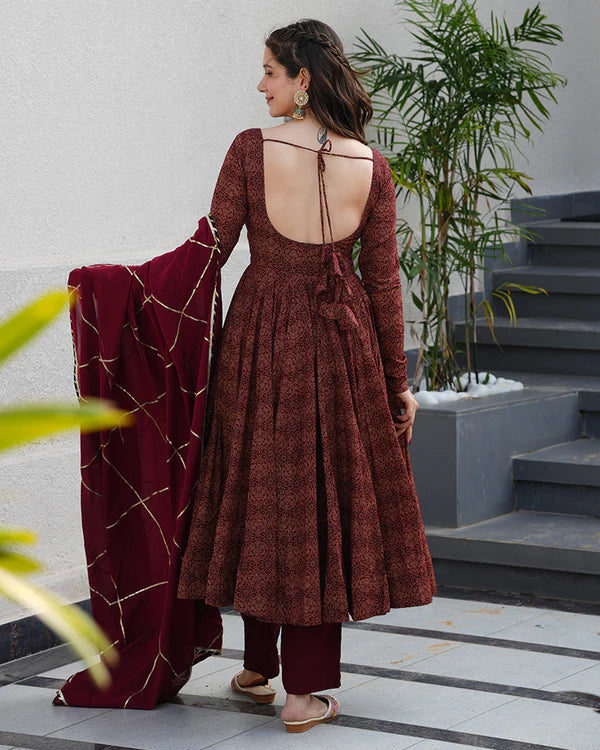 Womenline Maroon Color Pure Cotton Ajrakh Print Anarkali Suit