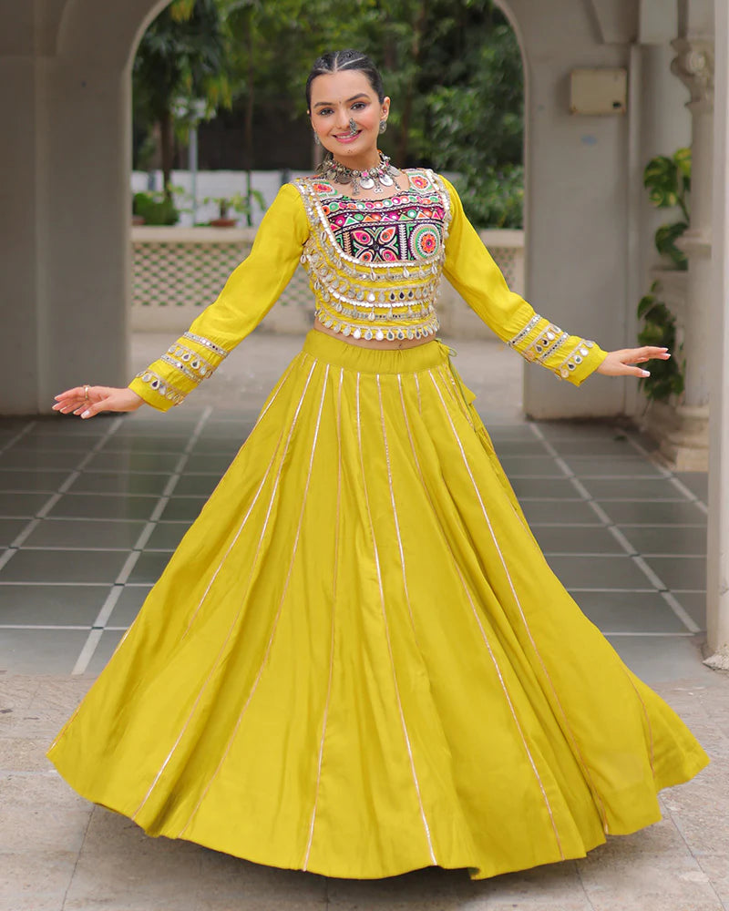 Womenline Parrot Green Color Roman Silk Navratri Lehenga Choli