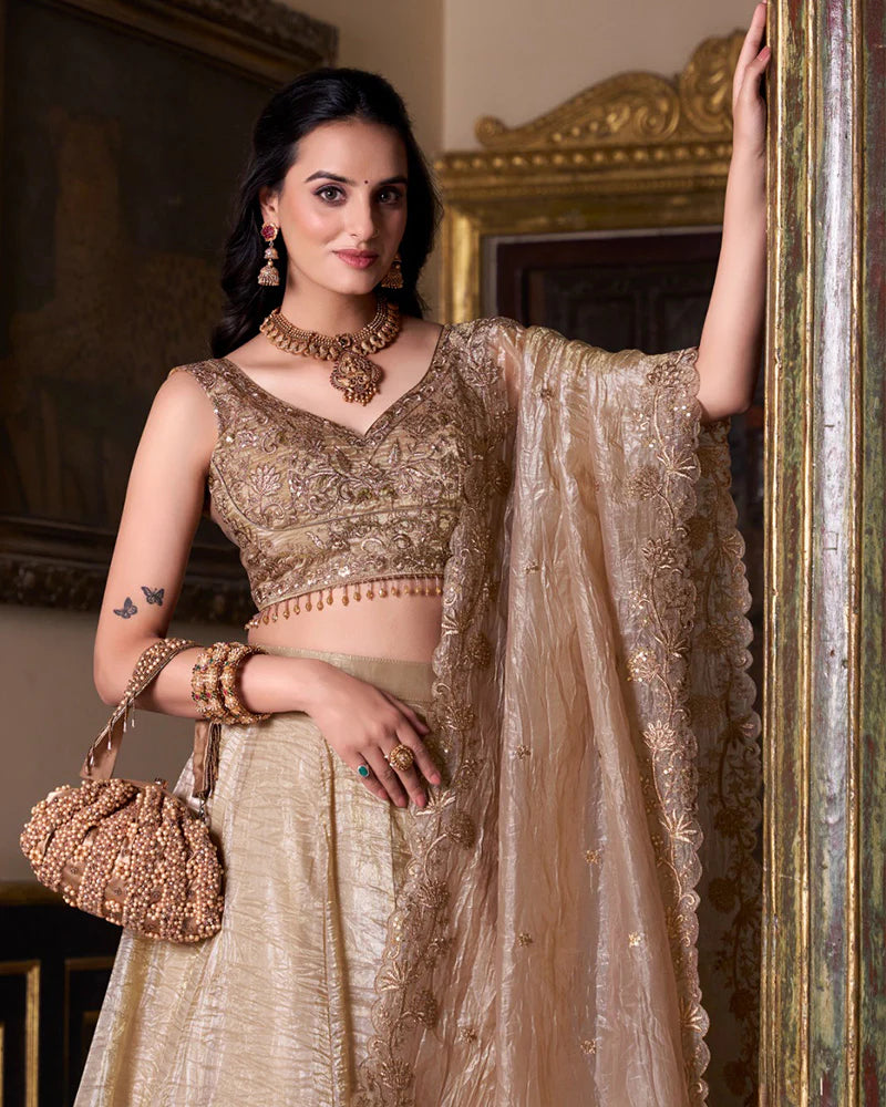 Womenline Chikoo Color Gold Crush Lehenga Choli