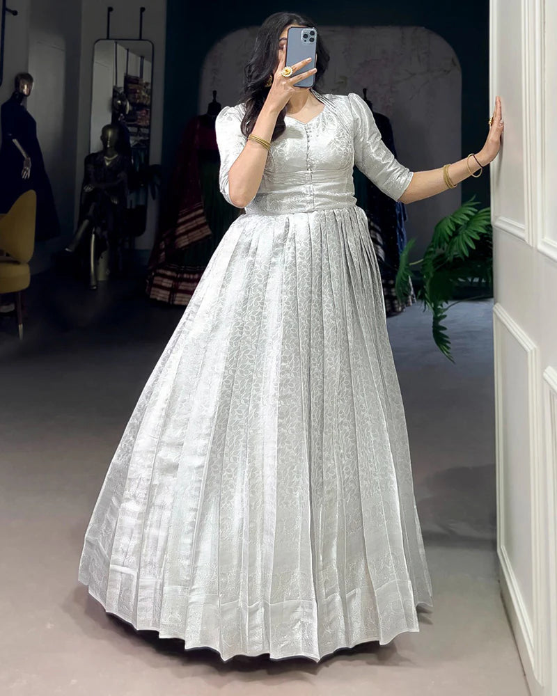 Womenline White Color Kanjivaram Zari Weaving Gown