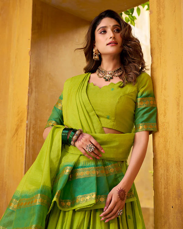 Womenline Elegant Parrot Green Chanderi cotton half saree lehenga choli