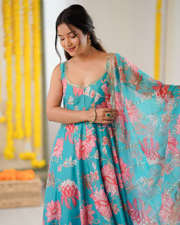 Womenline Sky Blue Color Pure Muslin Cotton Three Piece Anarkali Suit