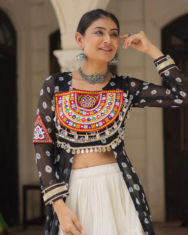 Womenline Black Color Bandhani Print Kurti With Kora Cotton Lehenga