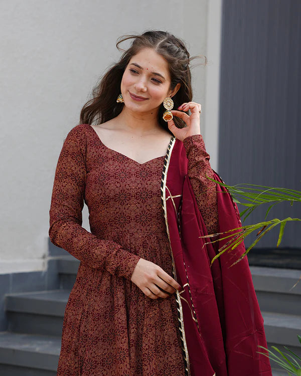 Womenline Maroon Color Pure Cotton Ajrakh Print Anarkali Suit