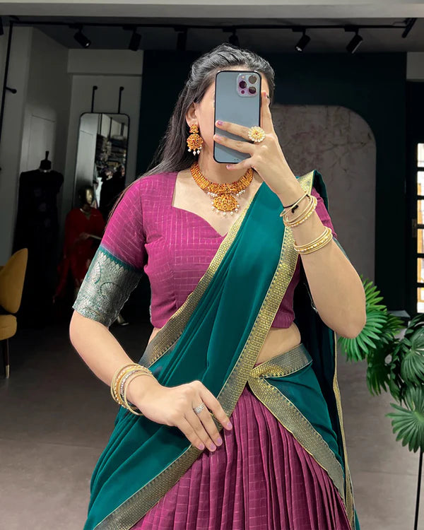 Womenline Pink Color Dola Chex Zari Weaving Half Saree