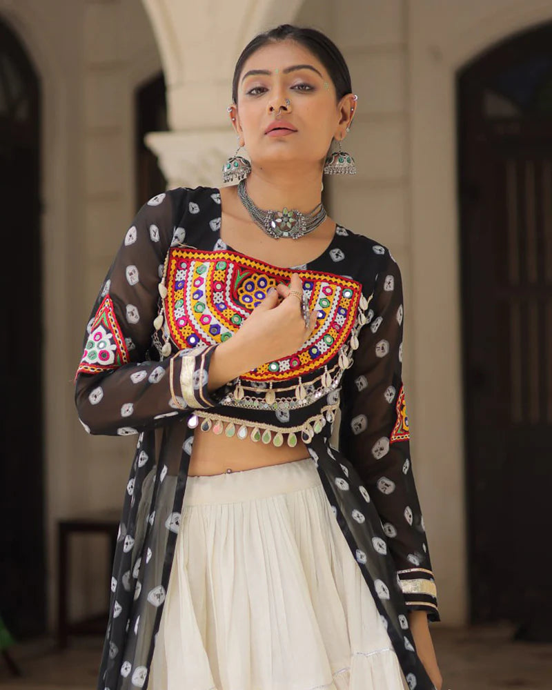 Womenline Black Color Bandhani Print Kurti With Kora Cotton Lehenga