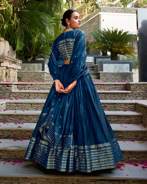 Womenline Navy Blue Color Pure Chanderi Plain Navratri Half Saree
