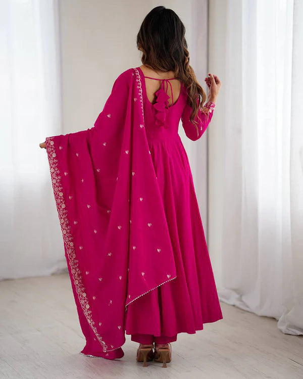 Womenline Rani Pink Color Chanderi Silk Three Piece Anarkali Suit