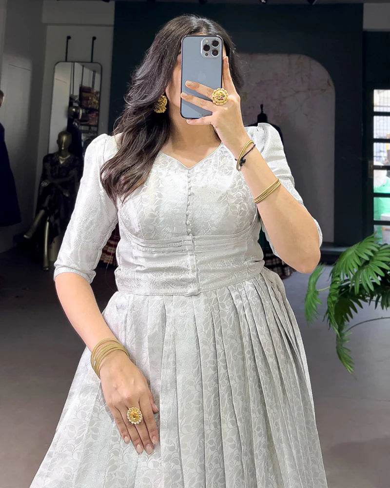 Womenline White Color Kanjivaram Zari Weaving Gown