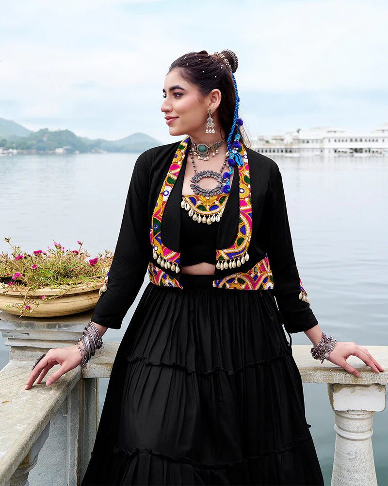 Womenline Elegant Black Color Pure Rayon Navratri Lehenga Choli