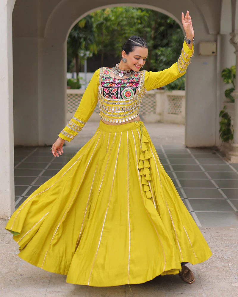 Womenline Parrot Green Color Roman Silk Navratri Lehenga Choli