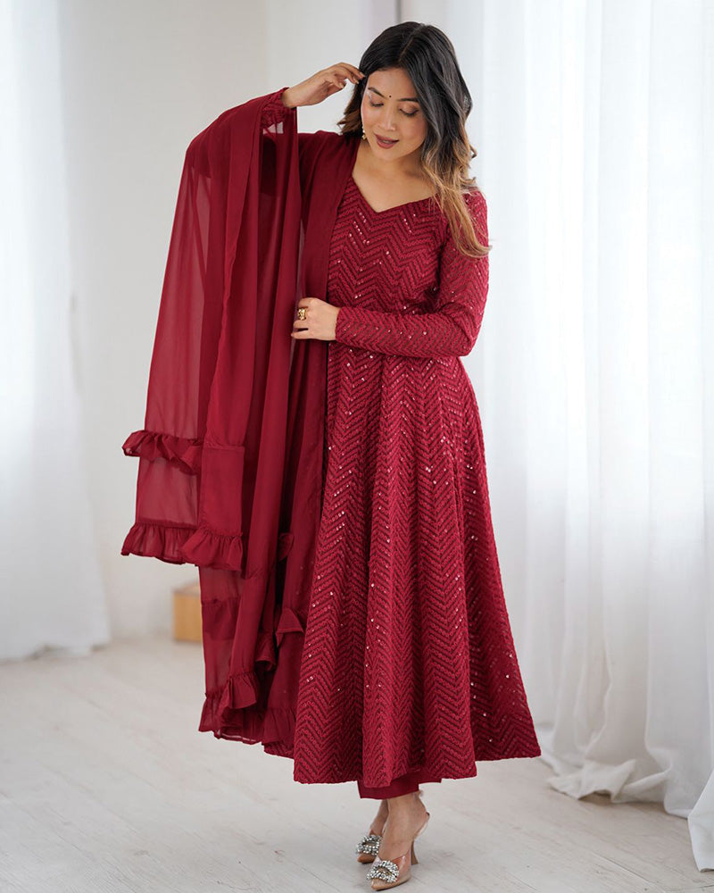 Womenline Maroon Color Georgette Lucknowi Three Piece Anarkali Suit