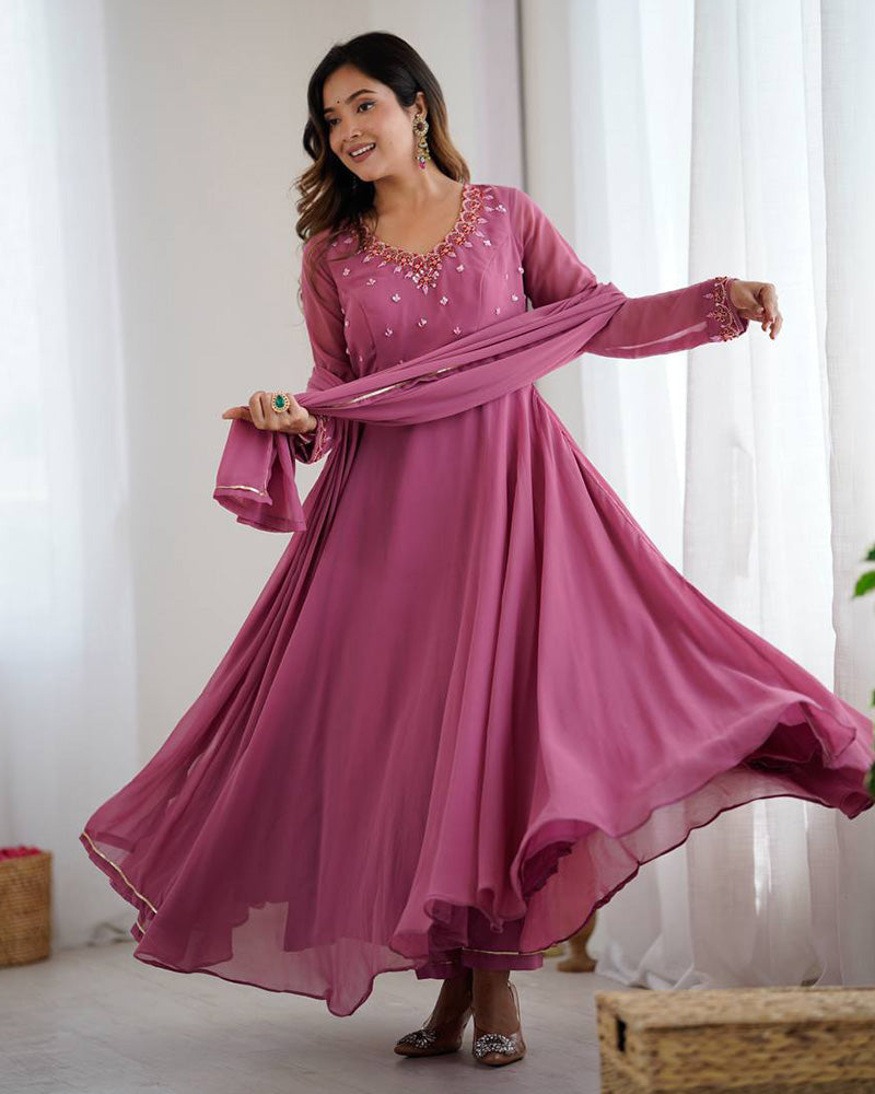 Womenline Dusty Onion Color Georgette Three Piece Anarkali Suit