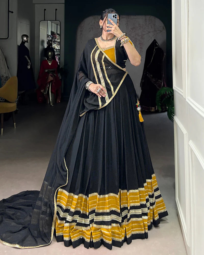 Womenline Black and Mustard Navratri Flared Navratri Lehenga Choli Set