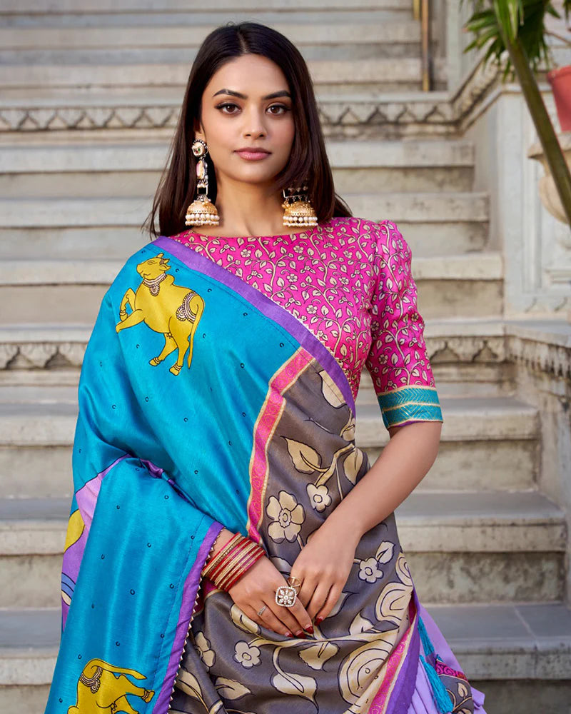 Womenline Lavender Color Tussar Silk Kalamkari Printed Lehenga Choli