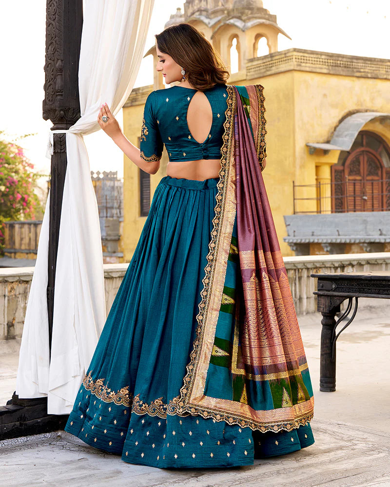 Womenline Designer Firozi Color Vichitra Silk Embroidered Lehenga Choli