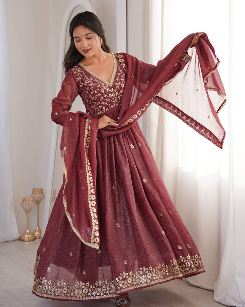 Womenline Dusty Maroon Color Crunchy SilkThree Piece Anarkali Suit
