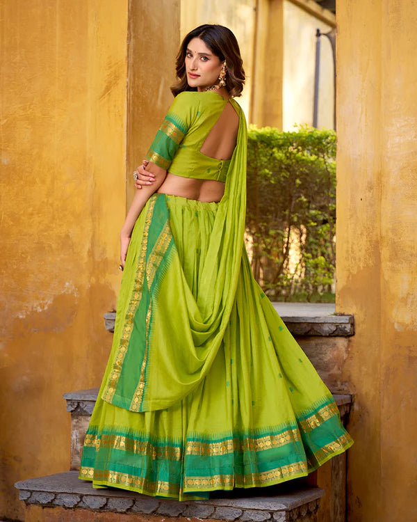 Womenline Elegant Parrot Green Chanderi cotton half saree lehenga choli