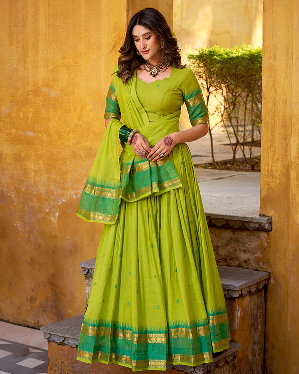Womenline Elegant Parrot Green Chanderi cotton half saree lehenga choli