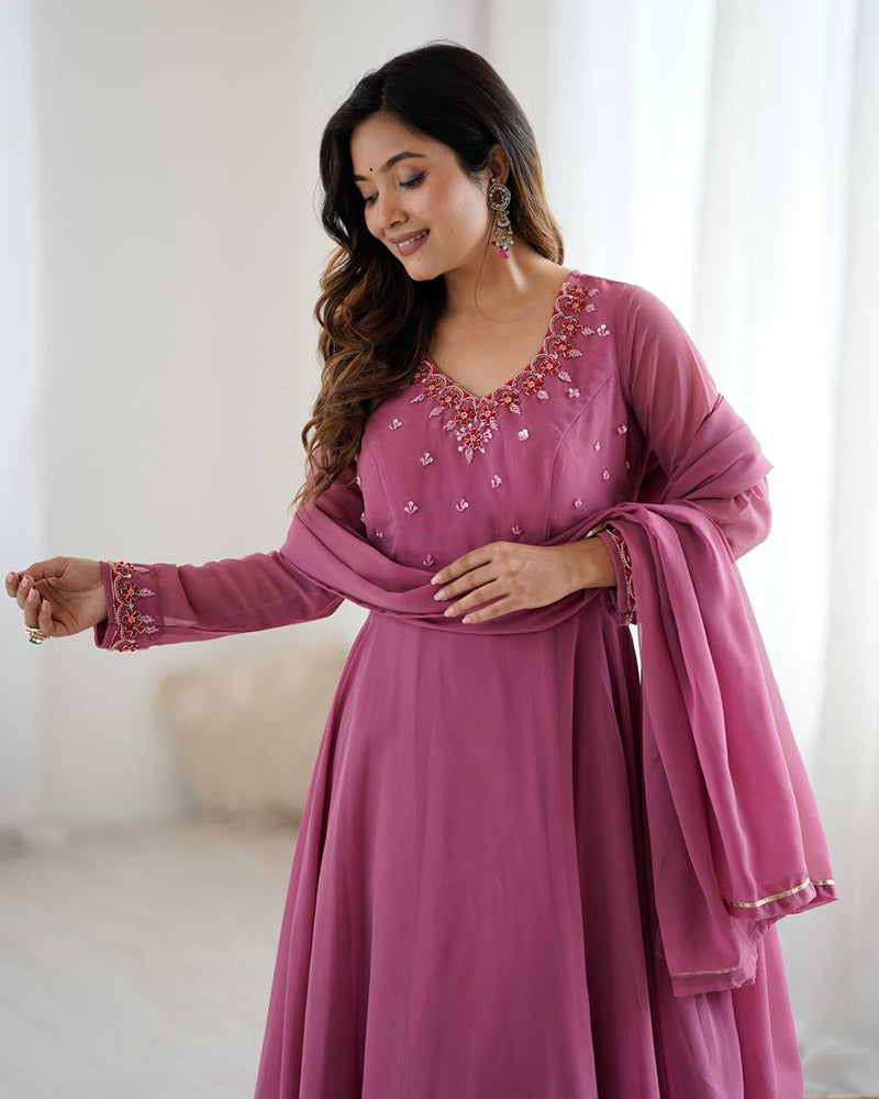 Womenline Dusty Onion Color Georgette Three Piece Anarkali Suit