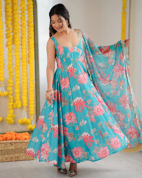 Womenline Sky Blue Color Pure Muslin Cotton Three Piece Anarkali Suit