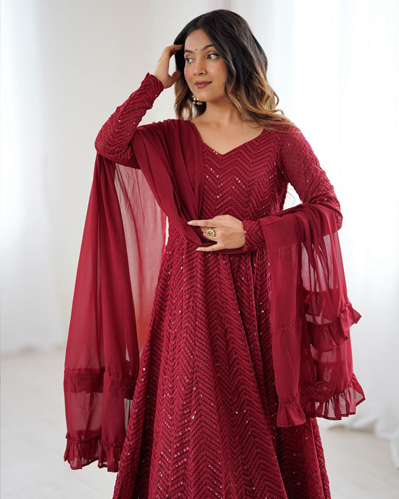 Womenline Maroon Color Georgette Lucknowi Three Piece Anarkali Suit