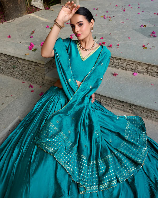 Womenline Sky Blue Color Pure Chanderi Plain Navratri Half Saree