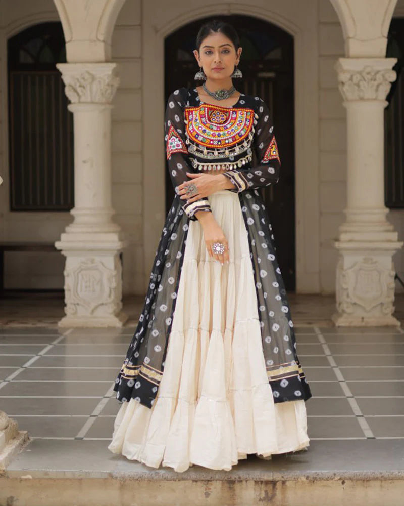Womenline Black Color Bandhani Print Kurti With Kora Cotton Lehenga