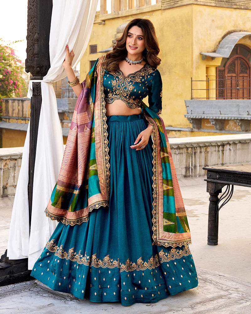 Womenline Designer Firozi Color Vichitra Silk Embroidered Lehenga Choli