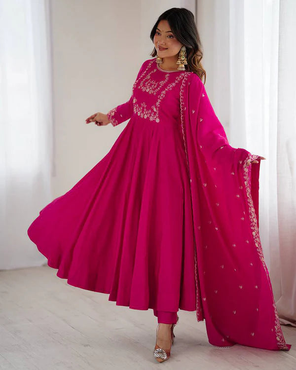 Womenline Rani Pink Color Chanderi Silk Three Piece Anarkali Suit