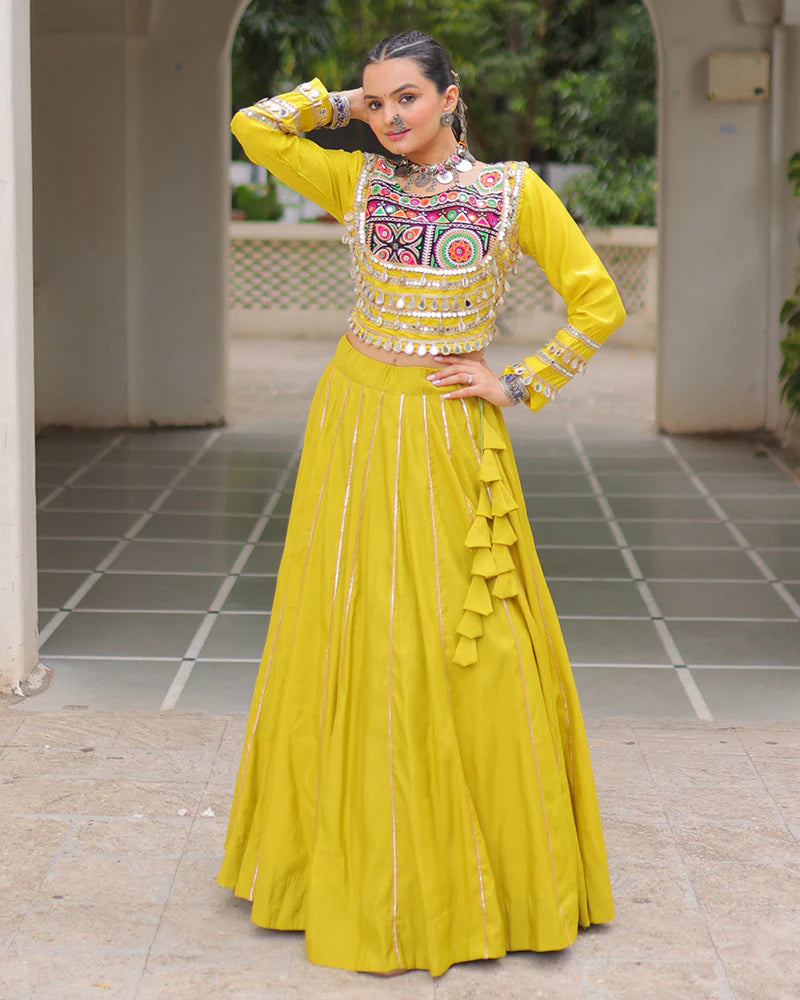 Womenline Parrot Green Color Roman Silk Navratri Lehenga Choli