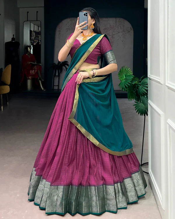 Womenline Pink Color Dola Chex Zari Weaving Half Saree