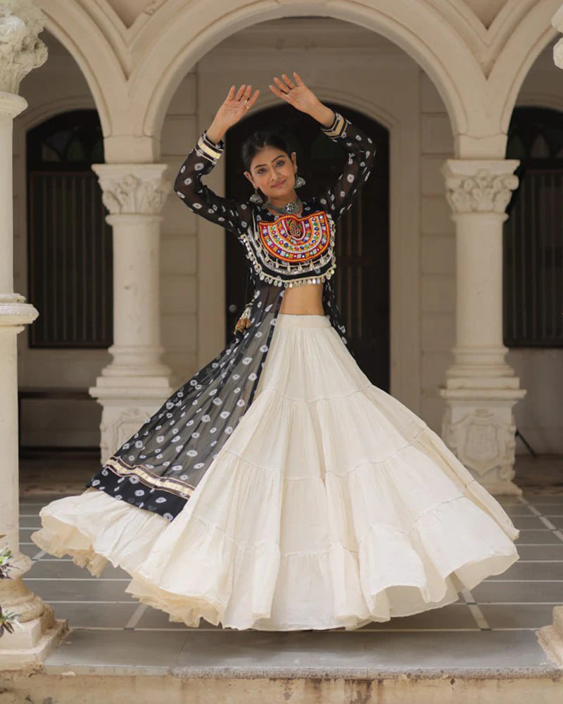 Womenline Black Color Bandhani Print Kurti With Kora Cotton Lehenga