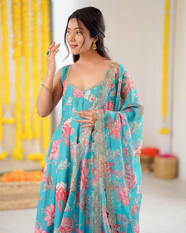 Womenline Sky Blue Color Pure Muslin Cotton Three Piece Anarkali Suit