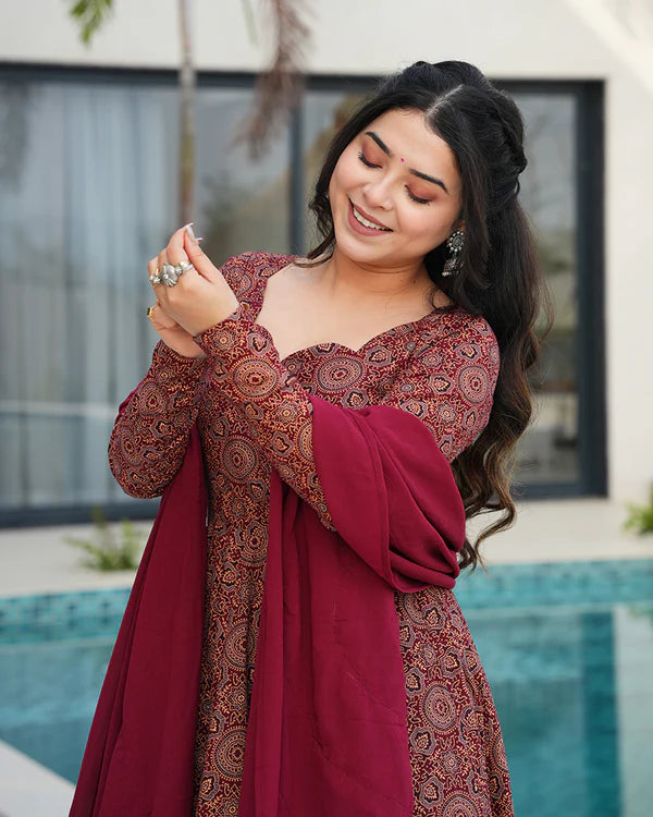 Womenline Traditional Ajrakh Print Maroon Cotton Anarkali Suit