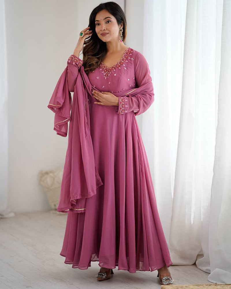 Womenline Dusty Onion Color Georgette Three Piece Anarkali Suit